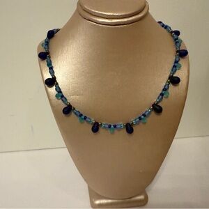 AUSTIN DESIGN NECKLACE BLUE FROSTED GLASS BEADS STERLING SILVER 925 ACCENT 16”